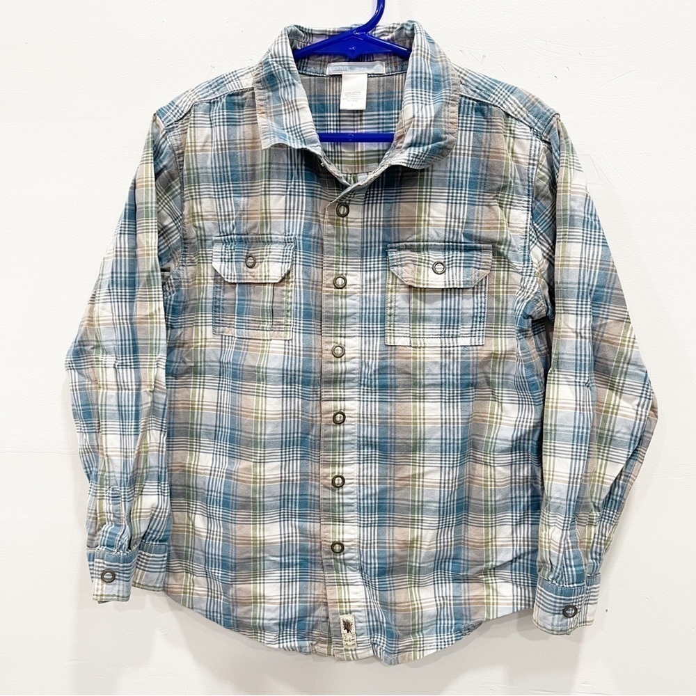 Janie And Jack Snap Closure Long Sleeve Plaid Shirt Size 7 Tan Blue